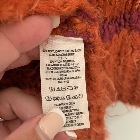 Free People Cotton Wool Blend Rust Stripe V Neck Oversized Fuzzy Sweater S - Picture 7 of 12